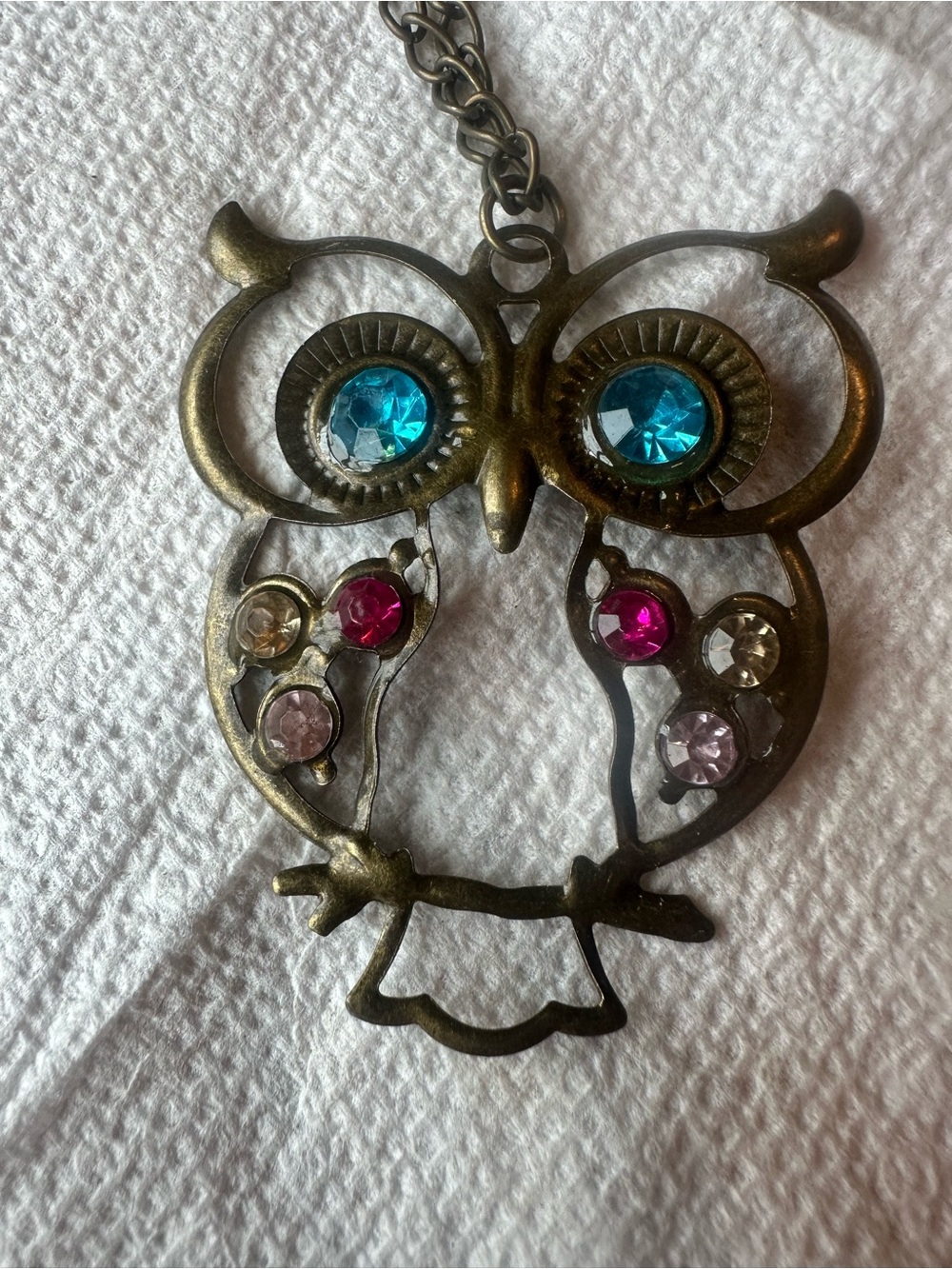 Antique Brass Owl Pendant Necklace with Multicolor Crystals